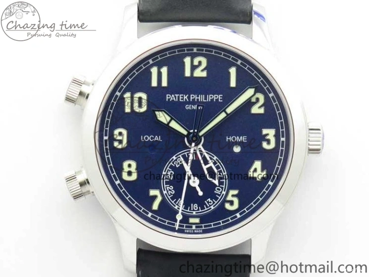 MIROTIME 0122 Practical Calatrava 5524 Pilot Travel Time SS GRF Blue Dial on Black Leather Strap A324 V 7107